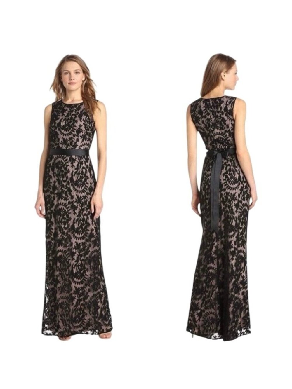 Adrianna Papell Black Lace 0verlay Maxi Dress gown Nude Lining Waist Tie Size 10